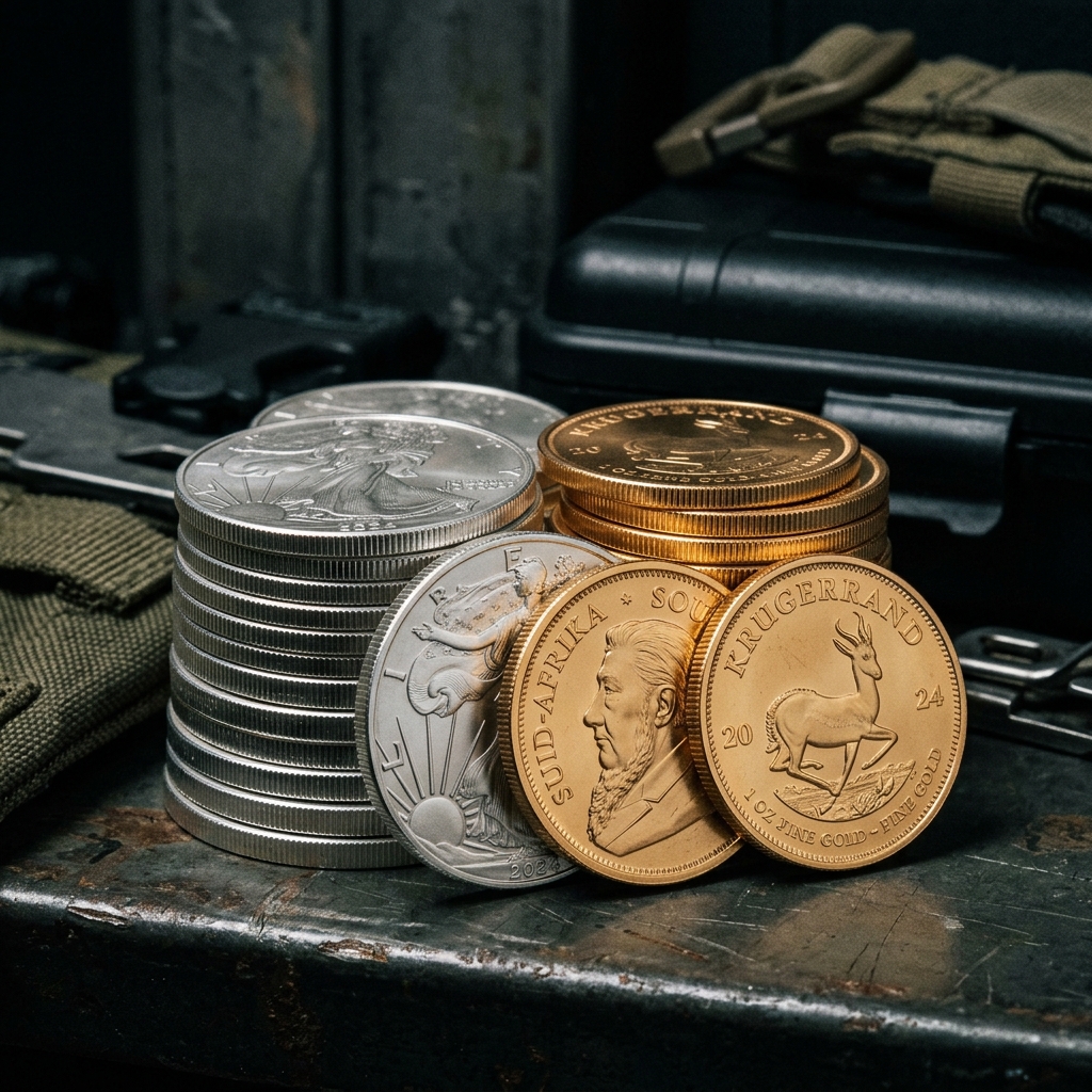 Stack of premium gold and silver bullion coins