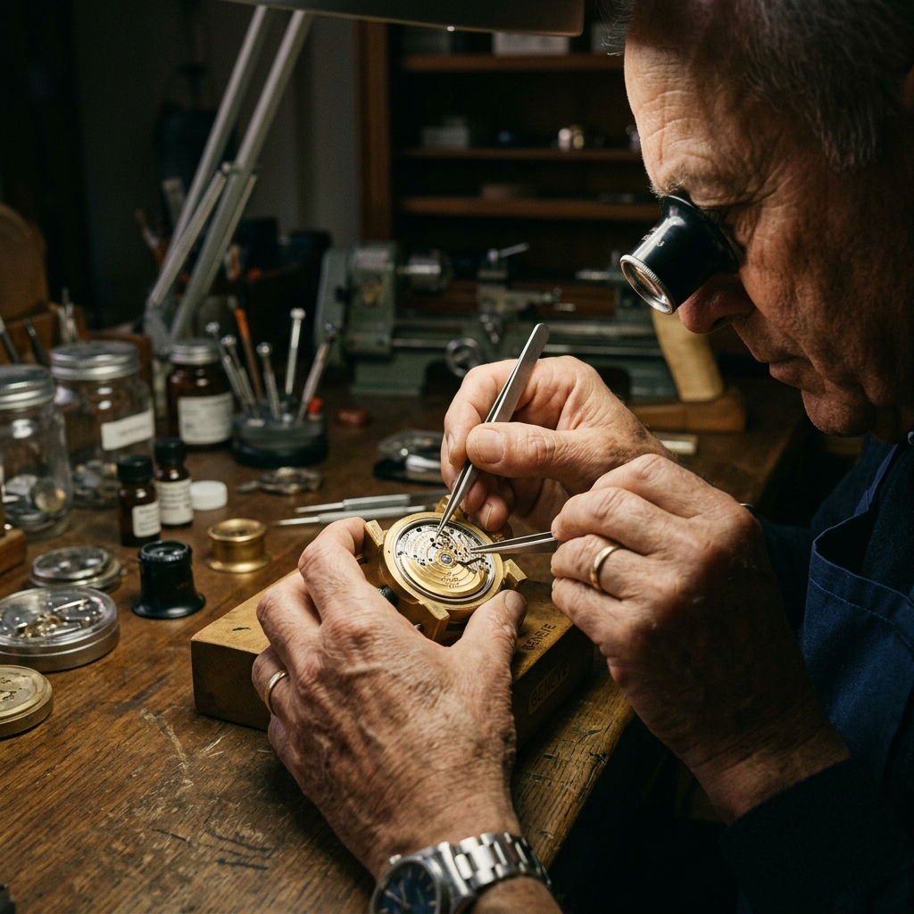 Watchmaker inspecting a luxury watch